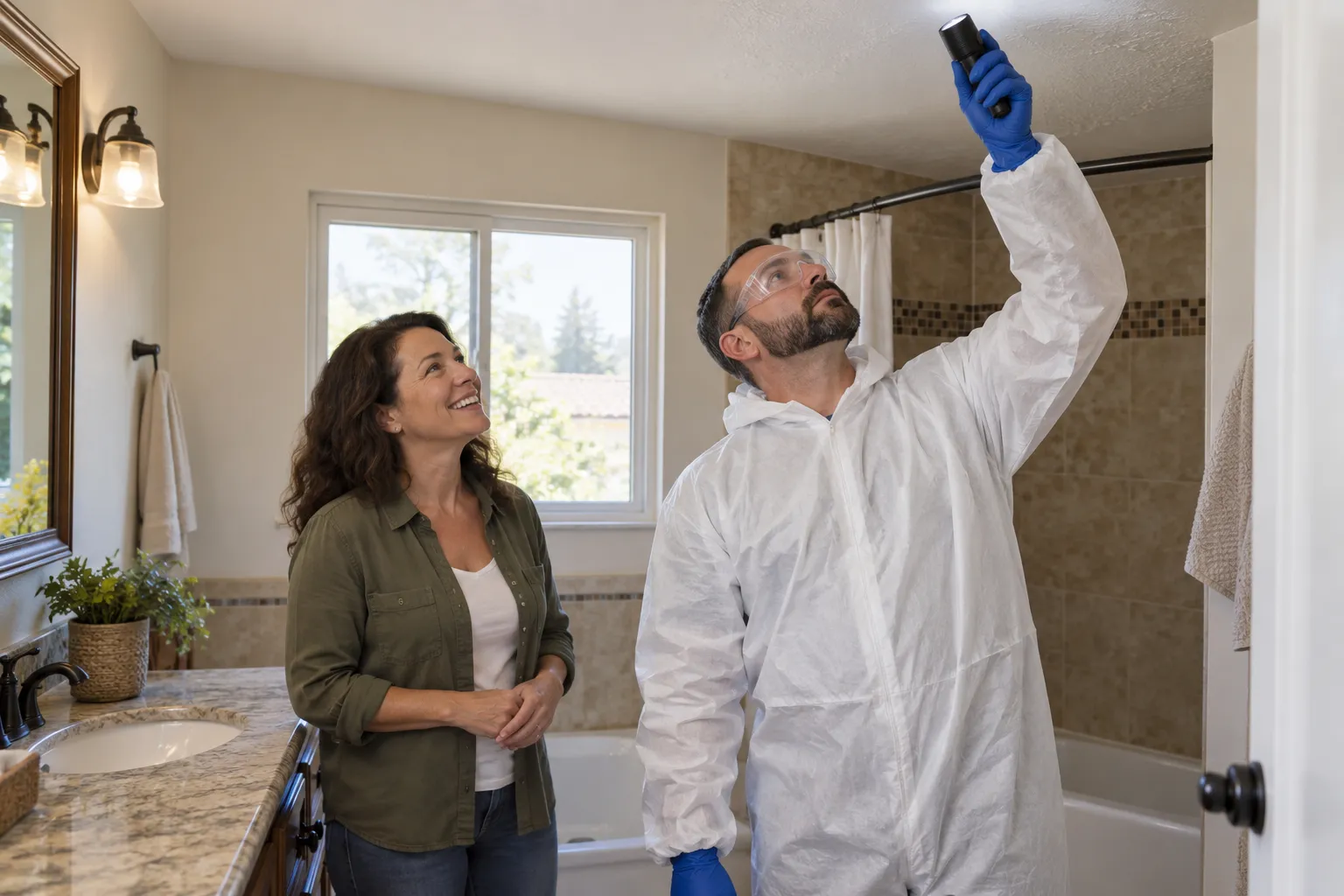 Friendly homeowner and mold provider reviewing a bathroom ceiling in a San Diego home